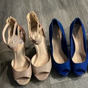 GUESS & NINE WEST Peep Toe Heels - Blue and Gold